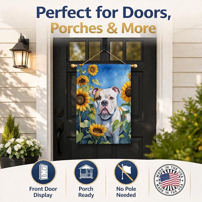 Caroline's Treasures DAC6006CHF American Bulldog in Sunflowers House Flag Large Porch Sleeve Pole Decorative Outside Yard Banner Artwork Wall Hanging, Polyester, House Size, Multicolor