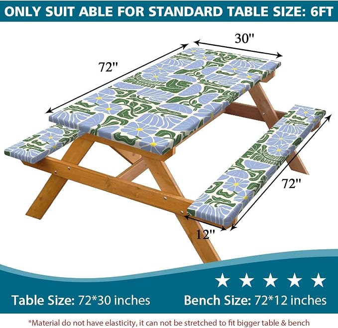 Picnic Table Covers with Bench Covers Boho Patchwork Blue Green Flower Pattern Camping Tablecloth Fitted Picnic Table Cover with Elastic Windproof Waterproof, Camping Accessories Outdoor, 96In 3PCS