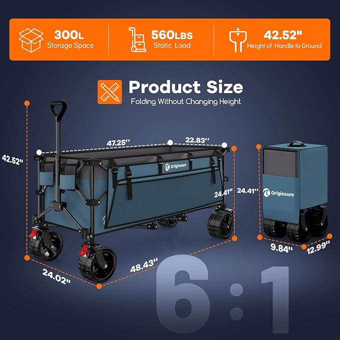 Originsure 48" L Collapsible Wagon Cart Foldable, 560lbs Weight Capacity 300L Heavy Duty Folding Beach Wagons with Big All-Terrain Wheels, Utility Carts for Groceries, Camping, Sports - Grey&Blue