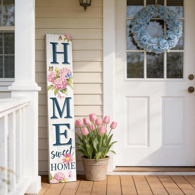 Home Sweet Home Welcome Sign for Front Porch, 47" Wood Framed Porch Sign Spring Hydrangea Flower Decorations with Hanging Rope, Farmhouse Yard Signs Home Decor for Outdoor Patio Gift for Family and Friends