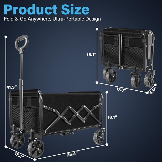 Wagons Carts Foldable Collapsible Wagon with Wheels,360lbs.Wagon cart with Wheels Foldable,Portable Utility Wagon for Camping,Park,Sports,Shopping,Travel,Groceries