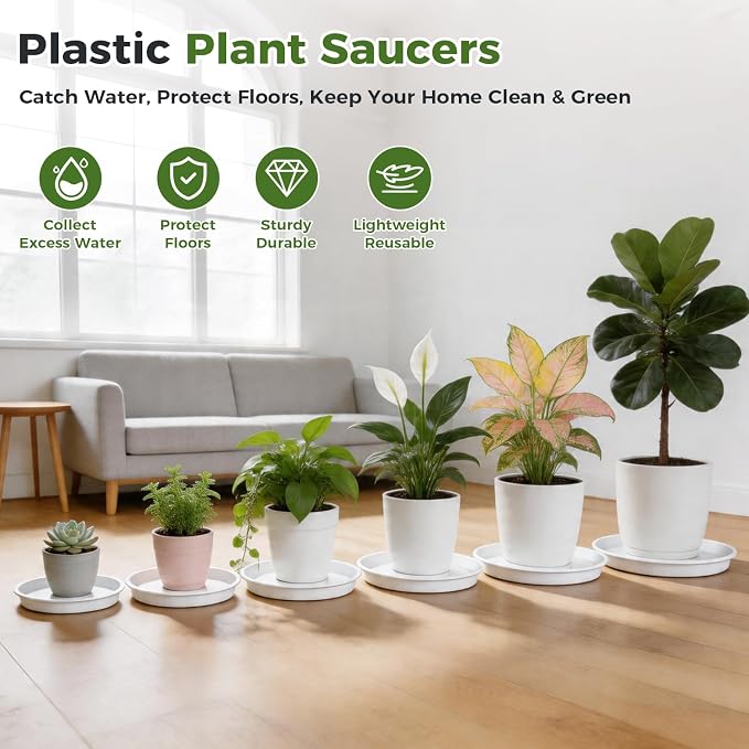 50 Packs 4 Inch Plastic Plant Saucers for Indoor Outdoor, Plant Water Catcher Tray for Pots, Bulk Flower Pot Saucers, Drip Trays for Potted Plants, Round Plates to Catch Water, White