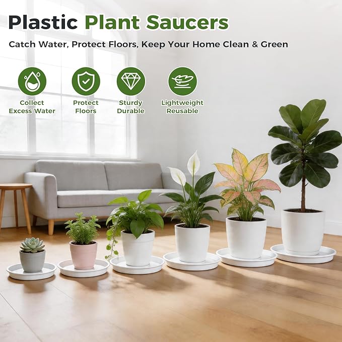 8 Packs 18 Inch Plastic Plant Saucers for Indoor Outdoor, Plant Water Catcher Tray for Pots, Bulk Flower Pot Saucers, Drip Trays for Potted Plants, Round Plates to Catch Water, White