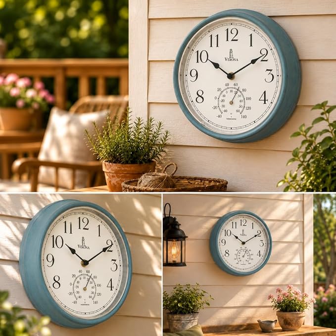 Outdoor Clocks for Patio Waterproof with Thermometer — Teal 9.5 Inch Indoor Outdoor Wall Clock with Temperature Display — Weatherproof, Accurate & Easy to Read for Pool, Garden & Home Decor