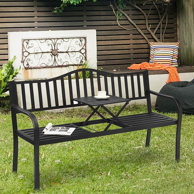 Giantex Outdoor Bench with Pullout Middle Table, 500Lbs Capacity, Outside Loveseat Chair, 2-3 Person Patio Seating, Metal Garden Benches for Front Porch Pool Deck Outside (Black)