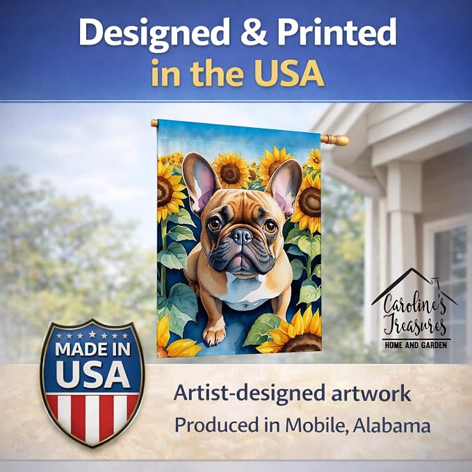 Caroline's Treasures DAC6081CHF French Bulldog in Sunflowers House Flag Large Porch Sleeve Pole Decorative Outside Yard Banner Artwork Wall Hanging, Polyester, House Size, Multicolor