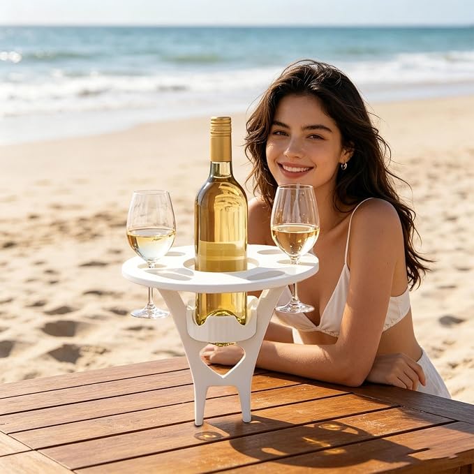 Foldable Wine Table Outdoor, Portable Mini Wooden Picnic Table Wine Glass Holder for Beach BBQ Camping Yard Lawn Party