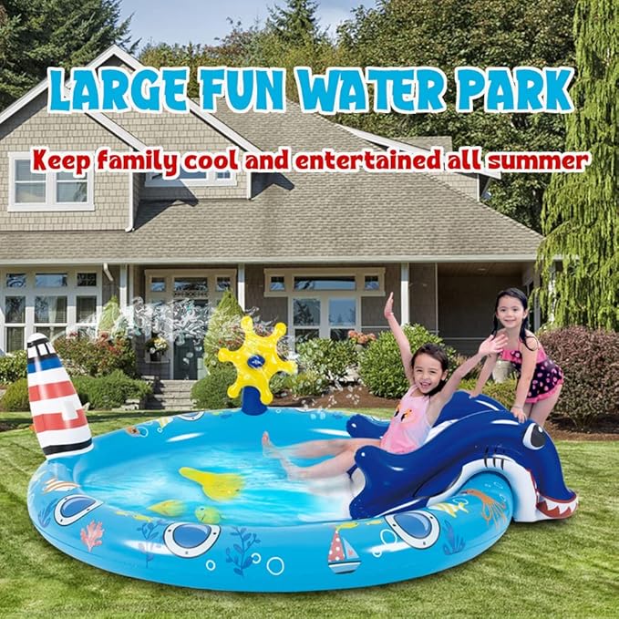 Inflatable Kiddie Pool with Slide and Sprinkler,Kids Pool for Outdoor Play | Marine Life Toddler Pool,Water Game Play Center,80" x 60" x 25"