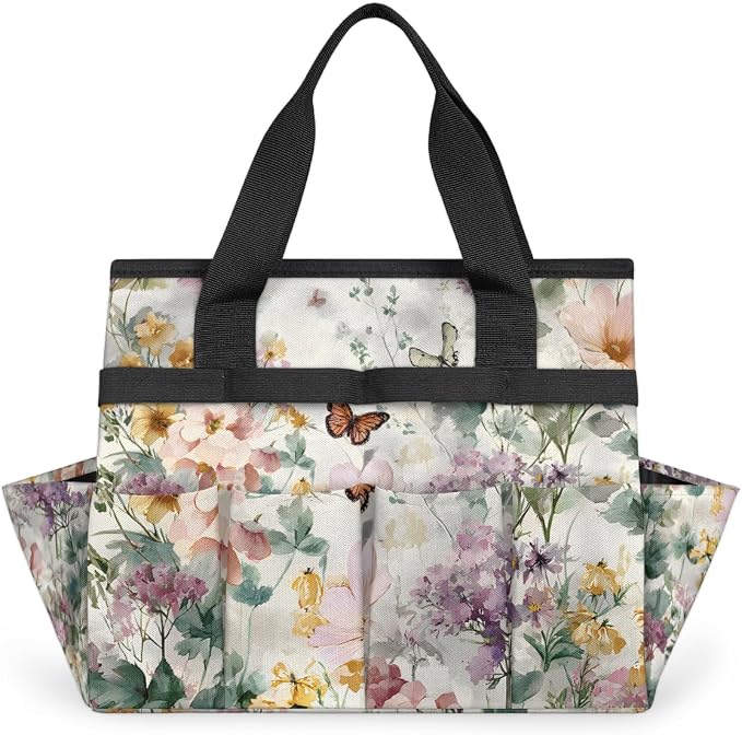 Garden Tote Bag with 10 Pockets Butterfly Heavy Duty Gardening Bags for Tools Organizer Storage Bag with Handle for Garden Lawn Yard Casual
