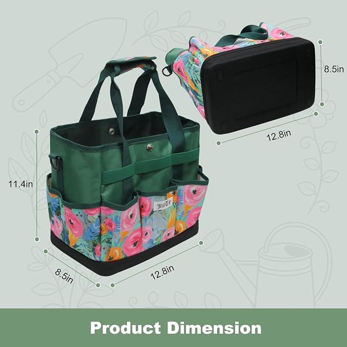 JLDTOP Garden Tool Bag with Hard Bottom, Multi-Pockets Gardening Tote with Shoulder Strap, for Women Outdoor Yard Plant Work Gift (Tools Not Included) (Green Floral)