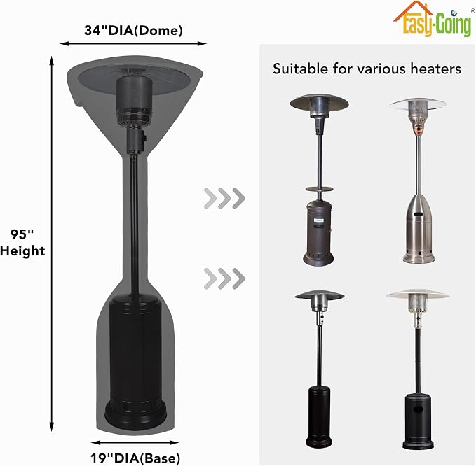 Easy-Going Stand-Up Patio Heater Cover with Zipper and Storage Bag, Waterproof Outdoor Heater Cover Dustproof, UV-Resisant, Wind-Resistant (95"H x 34"D x 19"B, Black)