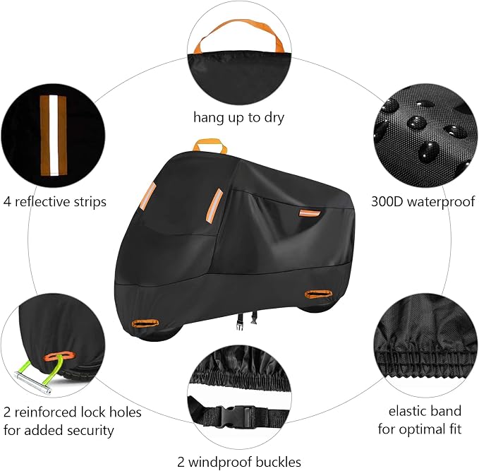 SECELES 300D Heavy Duty Motorcycle Cover Fits up to 86" Yamaha | All Season Durable Scooter Cover,4 Reflective Strips,Lock-Holes,Windproof Buckles,for Cruiser Sportbike Dirt Bike,86"x37"x50"