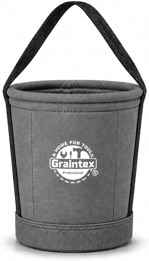 Graintex Canvas Utility Bucket 12"x10"x15". Tapered Tool Bucket, Reinforced Base & Carry Handle, Ripstop Canvas, Multi-Purpose Bag for Jobsite, Gardening, Home Use (Steel Grey)