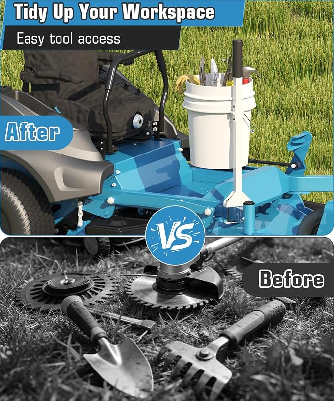 Koutemie Zero Turn Mower Handle, 5 Gallon Bucket Holder Mount with Clamp for Lawn Mower Bar, Zero Turn Bucket Holder Handle Kit Accessories for Outdoor Garden Yard Trash Cleaning Grabber Tool, White