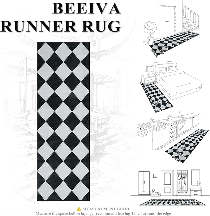 Beeiva Checkered Print Runners for Hallways 2.5x8, Ultra Thin Black Kitchen Runners Non Skid Washable 8 ft, Modern Diamond Stain Resistant Low Pile Carpet for Bathroom Entryway Bedroom Laundry