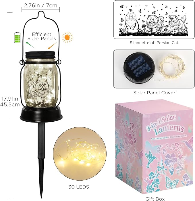 Persian Cat Gifts for Women/Men Persian Cat Solar Lanterns Gifts for Grandma Women Mom Sister, Pet Lovers Lantern Pet loss Memorial Light Solar Garden Decoration Outside for Yard, Patio,Backyard,Porch