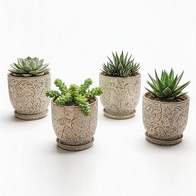 Ceramic Animal Embossed Planter Pots with Drainage Holes and Saucers, 4 Inch, Set of 4, Assorted Designs
