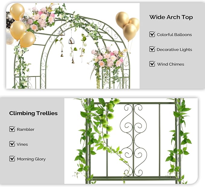 Outvita Garden Arch Arbor, Heavy Duty Metal Arbour Archway, Decorative Frame Stand Trellis for Wedding Ceremony Party Plant Climbing Rose Vines Lawn Courtyard Patio Olive Green