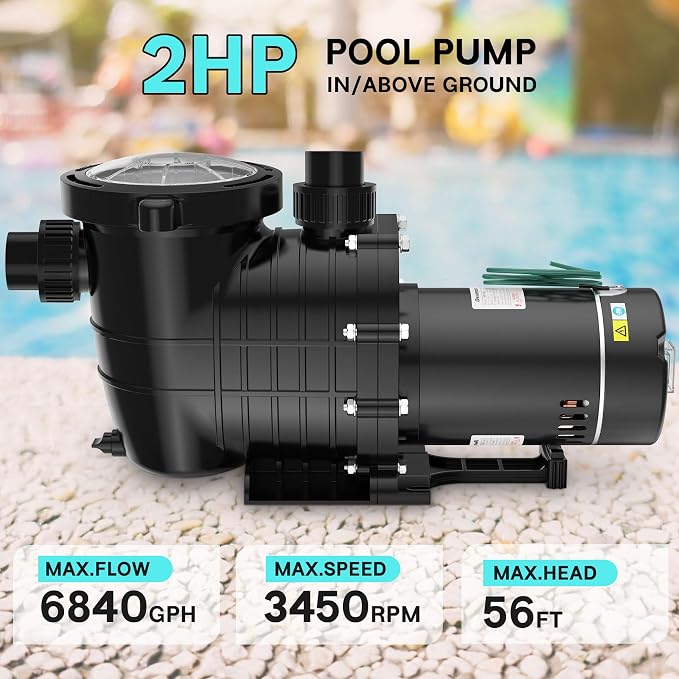 2HP Above/In Ground Pool Pump, 115V/230V 6900GPH Self Priming | High Flow Energy Efficient Pure Copper Motor, 1.5", 2", and 1.25"-1.5" Connectors, Strainer Basket & Drain Plug, Dual Voltage