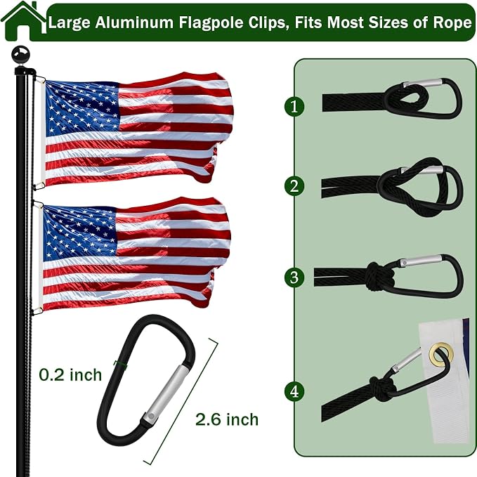 Flag Pole Pulley and Rope kit for 2" to 2.6" Diameter Flag Poles, 50FT Rope, 3.5" Flag Pole Topper, Cast Aluminum Flag Pole Truck, Metal Snap Clips and Cleat(Black)