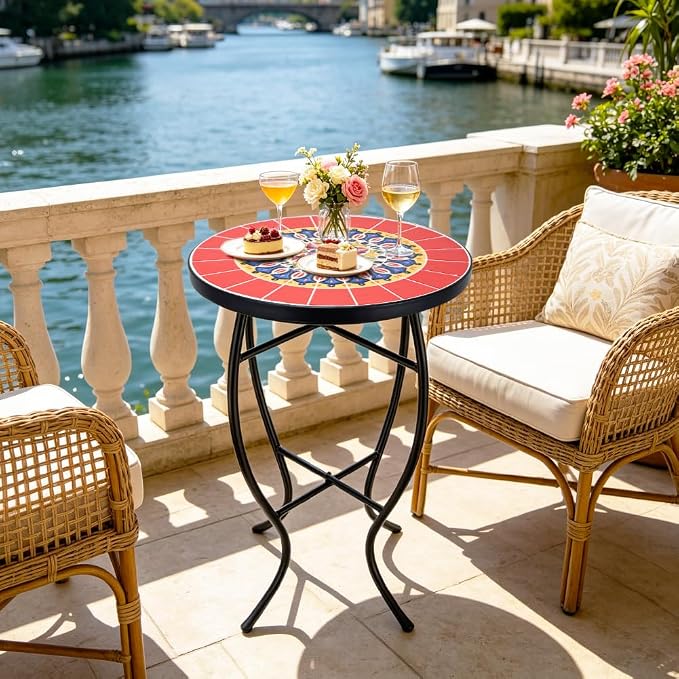 Mosaic Outdoor Side Table Small Round Patio Table Plant Stand | 21" Accent End Table with 14" Ceramic Tile Top for Small Spaces Porch Pool Garden Decor Indoor Living Room Bedroom Balcony
