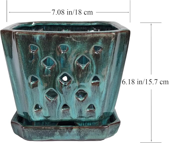 W&W Orchid Pot with Holes and Saucer for Repotting, Green Mix, 7"