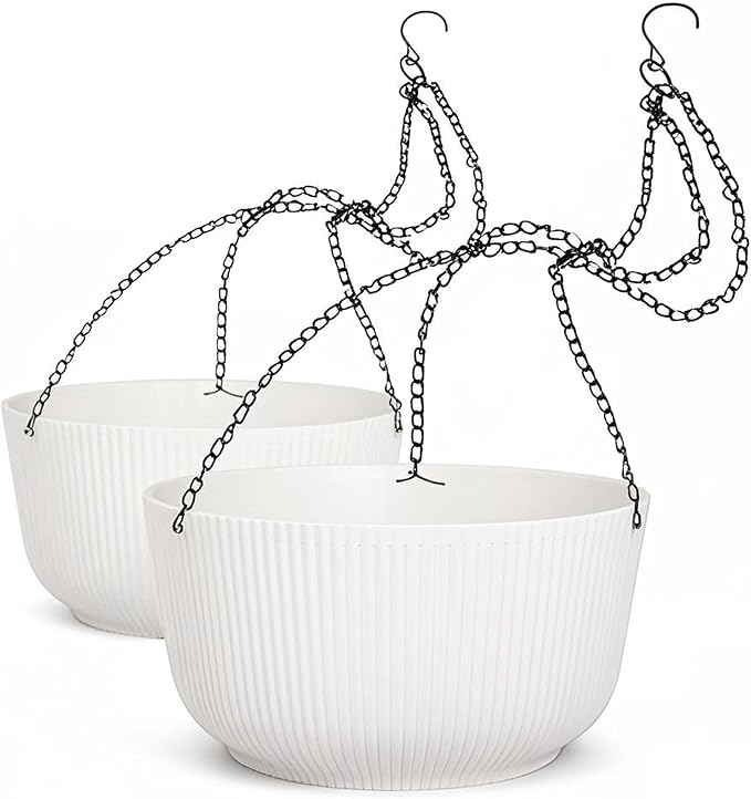 Dexceder 8.75 Inch Self Watering Hanging Planter (2 Pack, White) | Thickened Hanging Basket Flower Plant Pot Indoor Outdoor