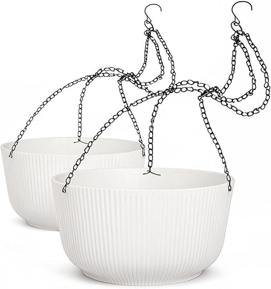 Dexceder 8.75 Inch Self Watering Hanging Planter (2 Pack, White) | Thickened Hanging Basket Flower Plant Pot Indoor Outdoor