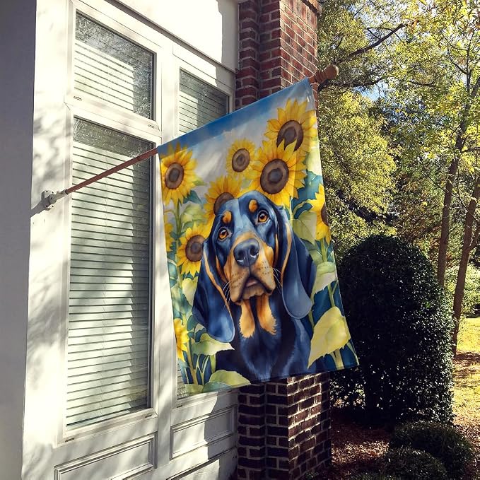 Caroline's Treasures DAC6028CHF Black and Tan Coonhound in Sunflowers House Flag Large Porch Sleeve Pole Decorative Outside Yard Banner Artwork Wall Hanging, Polyester, House Size, Multicolor