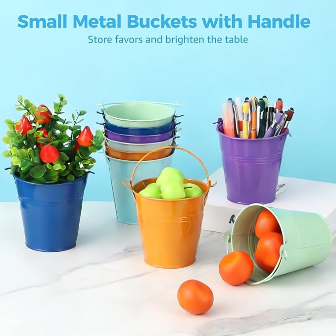 24 Pcs Small Metal Buckets with Handle, 3.9 in Multicolor Mini Buckets Party Favors, Tinplate Iron Buckets for Party Decoration, Wedding Favors, DIY Flower Pots