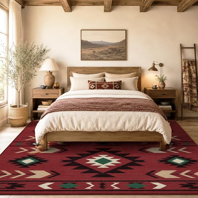 9x12 Area Rug for Living Room Western Rug Southwestern Aztec Tribal Rugs Southwest Navajo Machine Washable Non-Slip Printed Low-Pile Floor Carpet for Bedroom Dining Room Office, Red