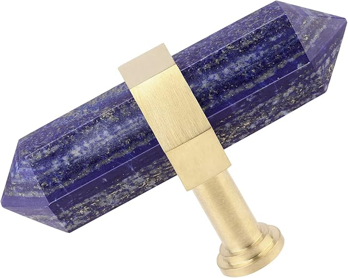 mookaitedecor Set of 2 Lapis Lazuli Double Crystal Points Drawer Knobs with Screws, Decorative Stone Cabinet Handle Pulls for Dresser Cupboard Kitchen Decor, Brushed Brass
