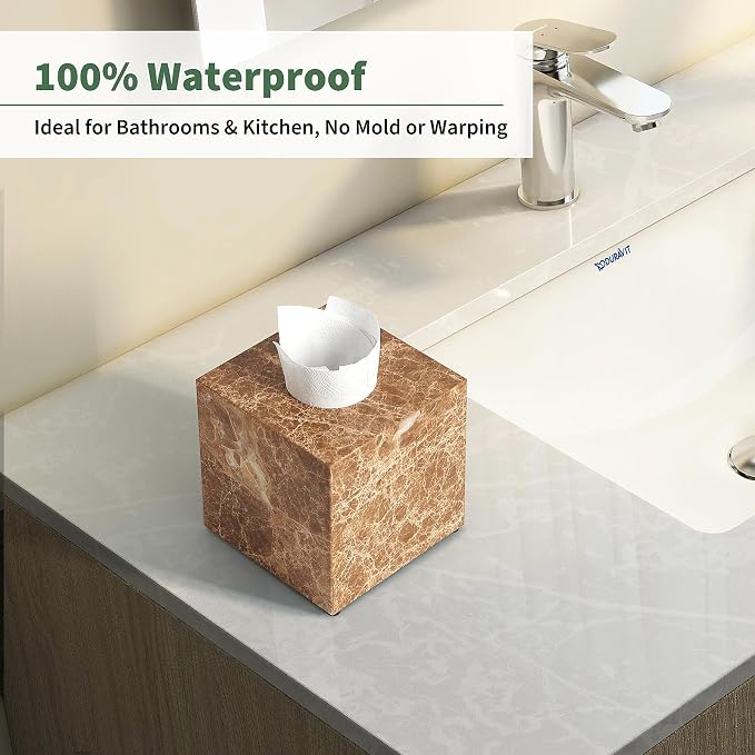 Real Natural Marble Tissue Box Cover, 5.5 Inch Square Marble Tissue Box Holder with Open Bottom, Heavy Stone Decorative Organizer for Bathroom Vanity, Kitchen Countertop, Luxury Home Décor