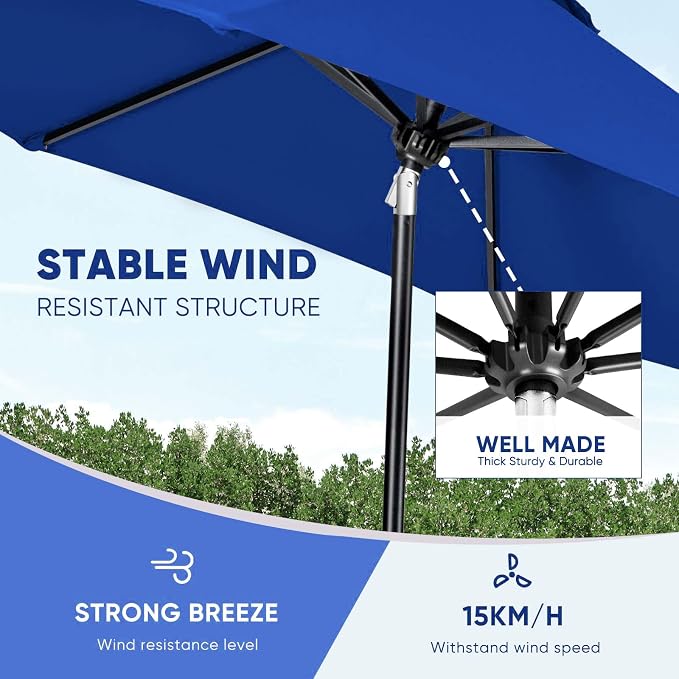 Tempera Patio Market Outdoor Table Umbrella with Auto Tilt and Crank, Large Sun Umbrella with Sturdy Pole & Fade Resistant Canopy, Easy to Set