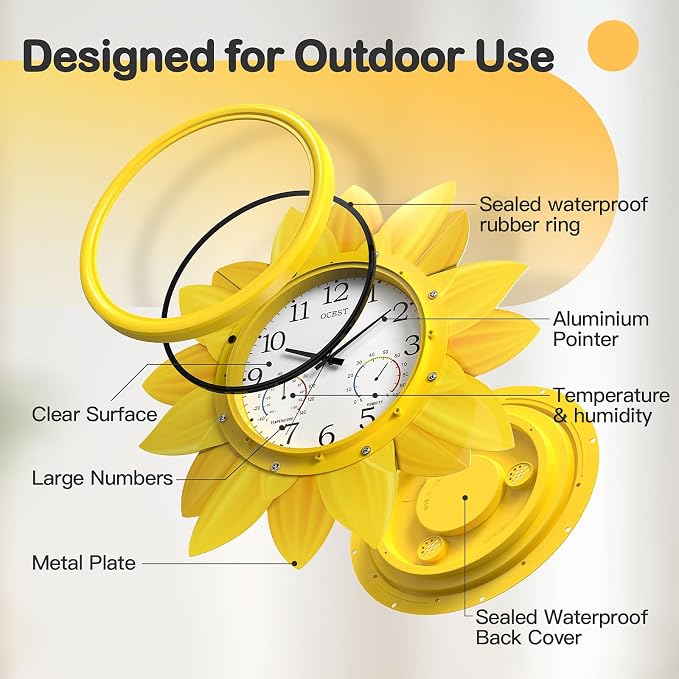 OCEST 24 Inch Outdoor Wall Clock, Waterproof Sunflower Clock with Thermometer & Hygrometer, Silent Non-Ticking Metal Petal Design for Patio, Garden, Pool, Garage