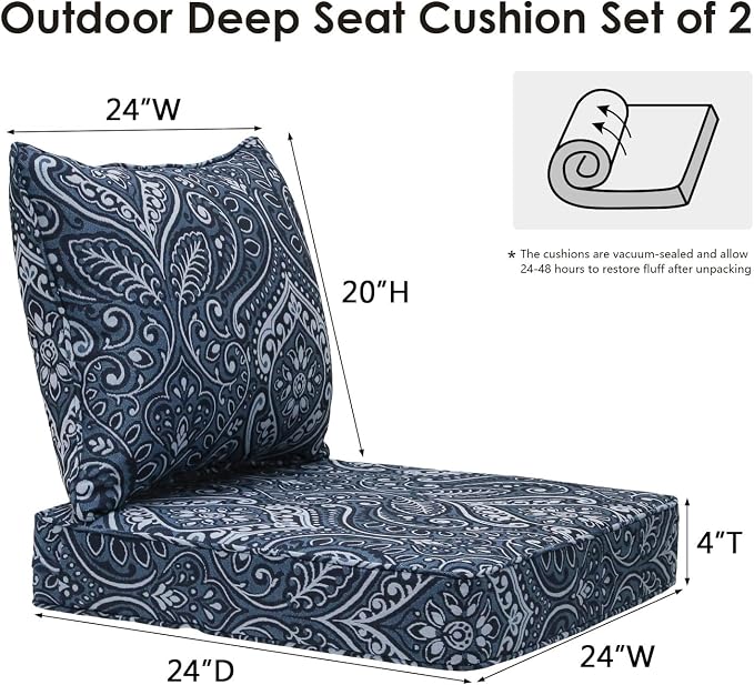 Unimatta Outdoor Patio Chair Cushions Set, 24" x 24", Set of 2, Water-Repellent, Fade Resistant, Deep Seat Bottom and Back Cushion for Backyard, Couch, Sofa and Patio Furniture, Damask Blue Flower