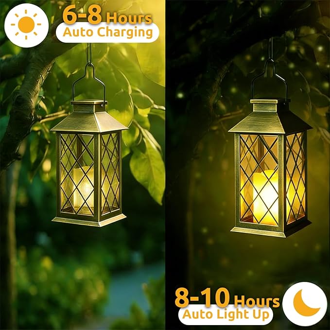 2 Pack 14" Large Tempered Glass Solar Lanterns Outdoor Waterproof, Hanging Solar Lights with Flickering Flameless Candles, Solar Lantern for Wall Porch Patio Table Garden Decoration-Bronze