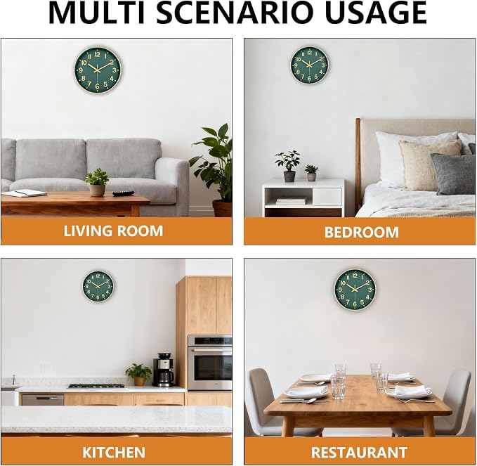 Modern Wall Clock, 10 Inch Digital Wall Clocks Battery Operated, Round Non Ticking Silent Analog Clock for Bedroom Living Room Kitchen Office Gym Classroom Decor, Gold Green Battery Clock