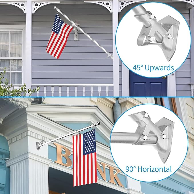 ZMTECH American Flag with Pole- 6FT Flagpoles with Upgraded Tangle Free Rings and Bracket, 1" Stainless Steel Flag Poles with Holder for Outside House, Residential or Commerical (Silver, No Light)