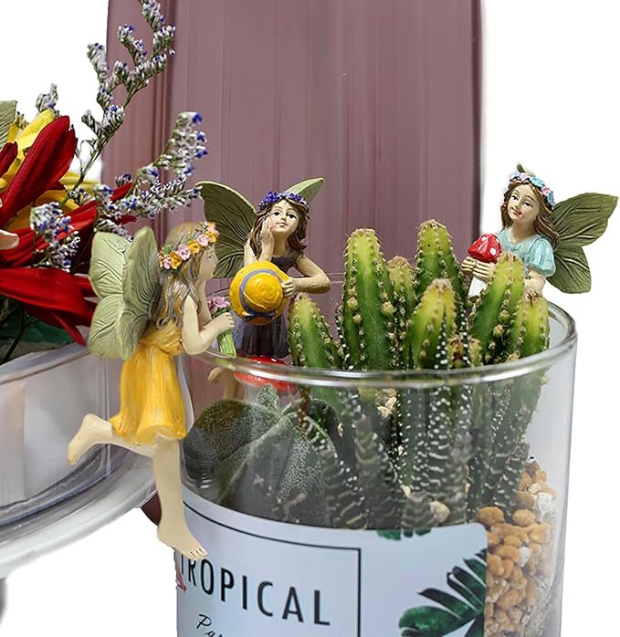 CUIWEI 5 Pcs Mini Garden Figurine Set Miniatures Fairies Statues Without a Stick for Outdoor Lawn Yard Home Decor Lovely Resin Fairy Flower Pot Angel Accessories