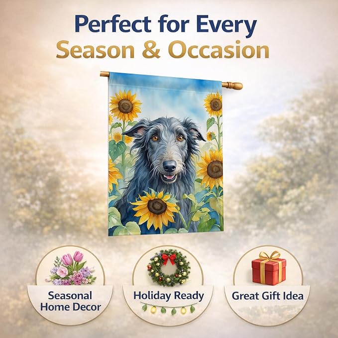 Caroline's Treasures DAC6157CHF Scottish Deerhound in Sunflowers House Flag Large Porch Sleeve Pole Decorative Outside Yard Banner Artwork Wall Hanging, Polyester, House Size, Multicolor