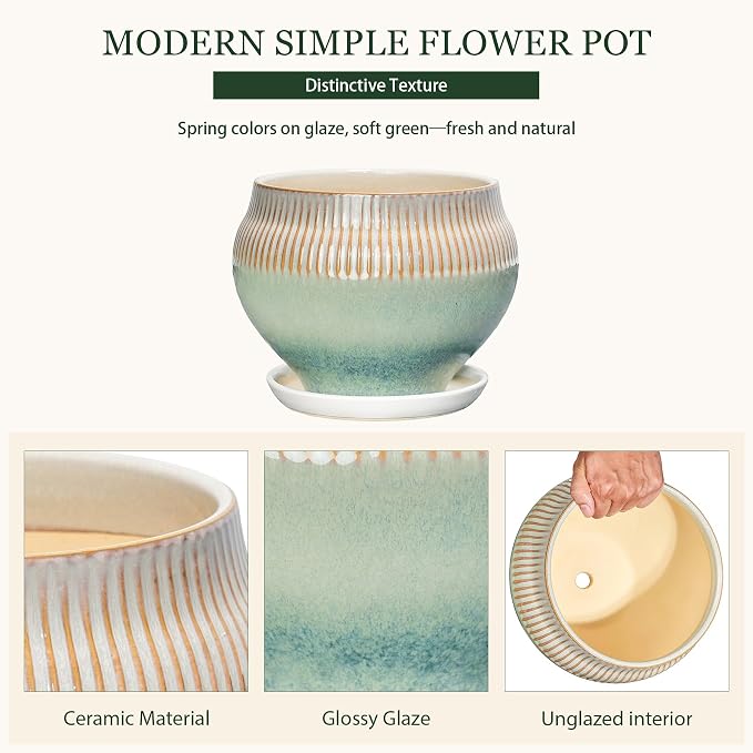 8.3 Inch Modern Ceramic Plant Pot with Drainage Hole and Mesh Net, Indoor Outdoor Planter with Saucer & Gardening Glove, Pots for Succulents, Flowers, Large Plants, Green