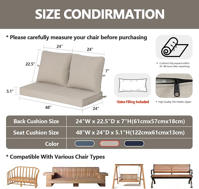 Goodgoods 48 x 24 Outdoor Loveseat Cushion Set, 1000+Hours Fade-Resistant & Water-Resistant Outdoor Furniture Chair Cushions with 30D High-Resilience Foam for Couch, Bench, and Swing, Putty