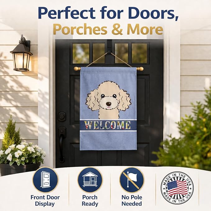 Caroline's Treasures BB1444CHF Buff Poodle Welcome House Flag, Blue Large Porch Sleeve Pole Decorative Outside Yard Banner Artwork Wall Hanging, Polyester, House Size, Multicolor