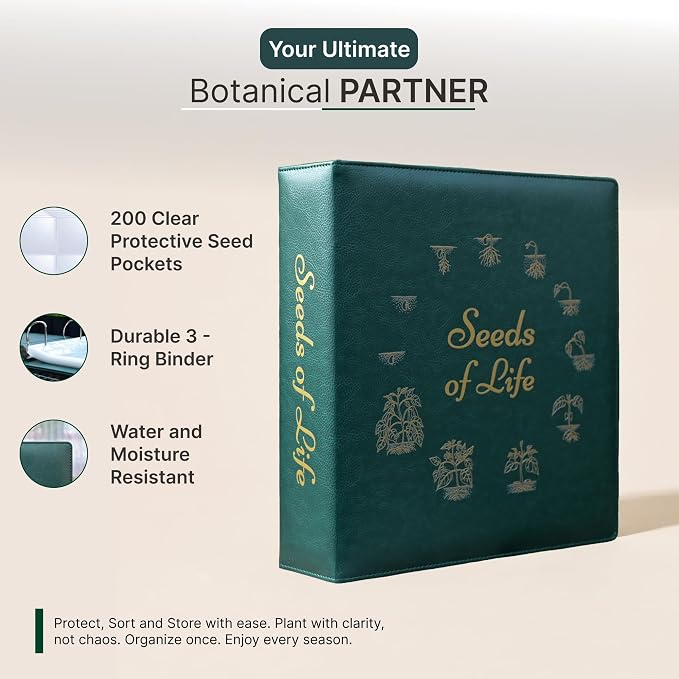 Seeds of Life - Seed Storage Organizer Binder – Compact Seed Packet Organizer with 50 Sheets Holding 200 Seed Envelopes, Complete Seed Saving Binder Kit for Gardeners