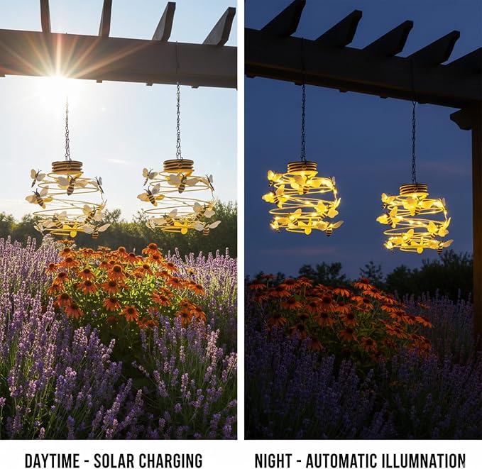 2 Pack Bee Solar Lights Outdoor Garden Decor,Bee Decorations Hanging Solar Lantern,Hanging Garden Decor for Outside Patio Yard Porch Pathway,Outdoor Gifts for Women