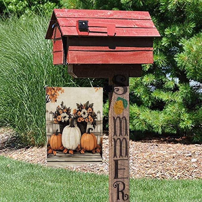 EMMTEEY Sunflower Garden Flag Fall Pumpkins 12.5X18 Double-Sided, Seasonal Yard Flags White Orange Small Burlap Garden Flags for Outside Front/Back Door