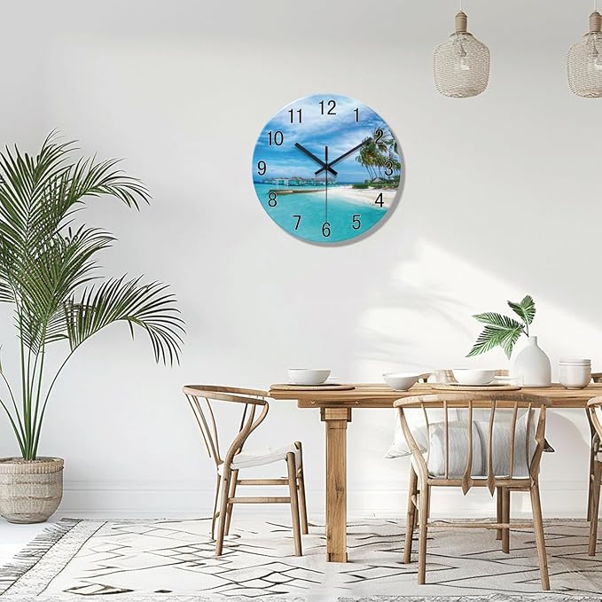 XFM Blue Beach Wall Clock 16 Inch Silent Coastal Nautical | Non-Ticking Battery Operated Modern Glass Decorative for Living Room Kitchen Bedroom Office