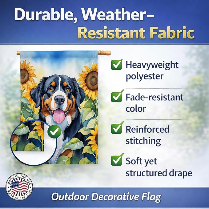 Caroline's Treasures DAC6026CHF Bernese Mountain Dog in Sunflowers House Flag Large Porch Sleeve Pole Decorative Outside Yard Banner Artwork Wall Hanging, Polyester, House Size, Multicolor