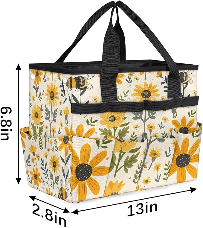 Bee Flower Garden Tool Bag for Women Waterproof & Reusable Heavy Duty Gardening Tote Storage Organizer Toiletry Bag with 10 Pockets for Garden Lawn Yard Casual Camp